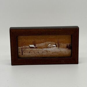Vintage Miniature Sandpaper Winter Painting Framed Farmhouse Signed Rustic